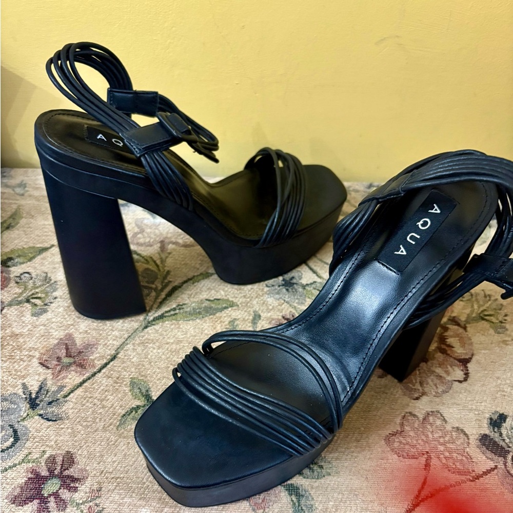 Aqua Strappy Black Heeled Sandals 9